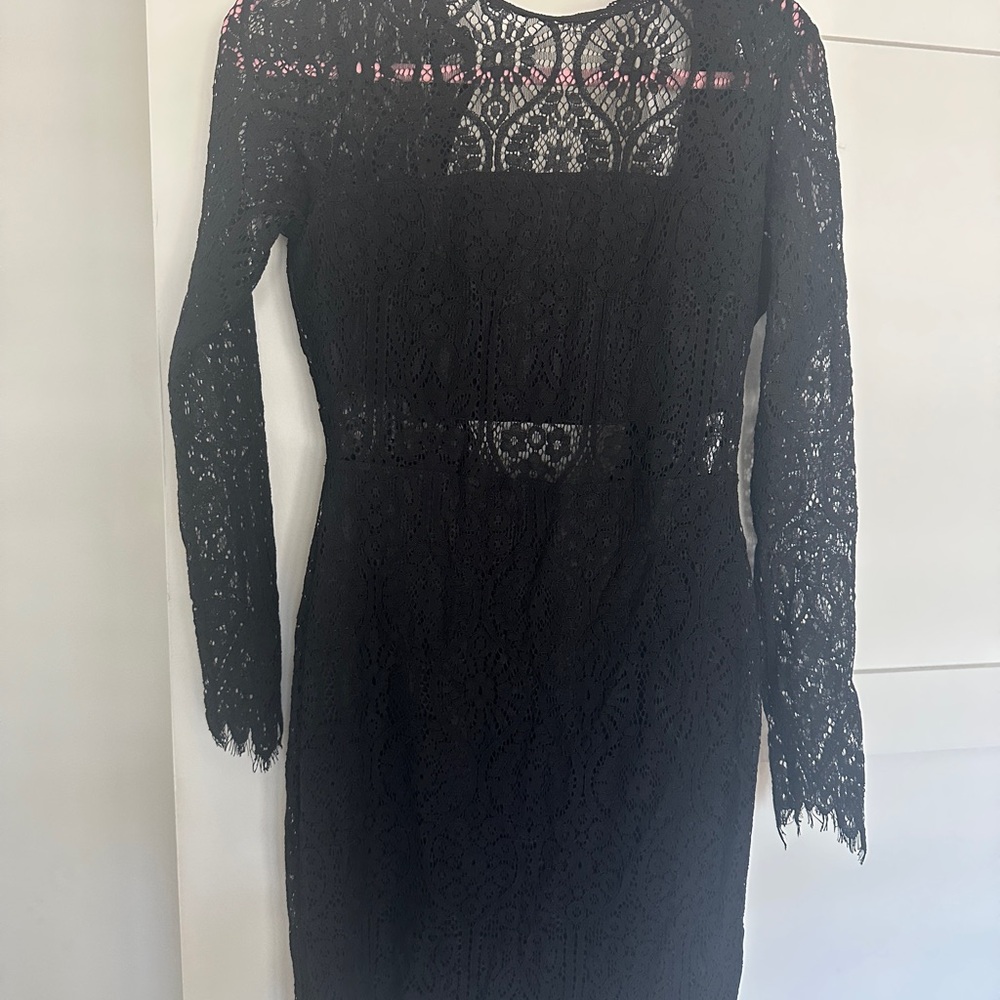 bebe Black Lace Long Sleeve Midi Dress